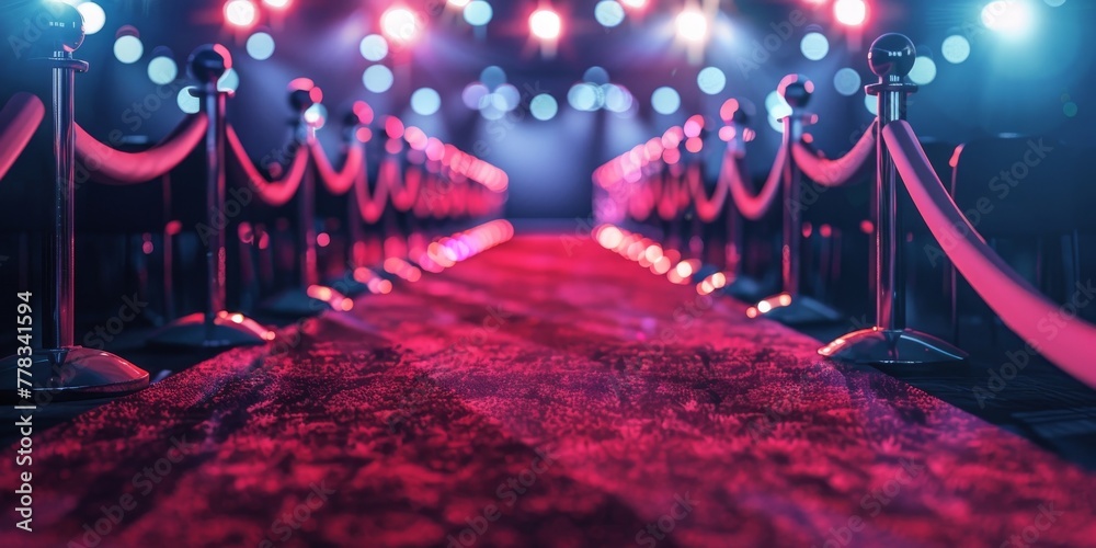 A film premiere red carpet with velvet ropes and flashing camera lights, setting the stage for a glamorous entertainment industry banner