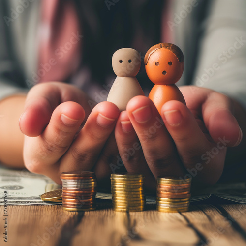 Obraz na płótnie family savings concept; hand with bank note ,coin and bank composition w salonie