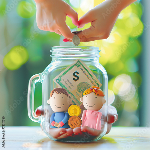 family savings concept; hand with bank note ,coin and bank composition