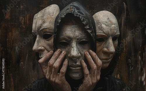 A figure holds multiple masks, exploring the depth of human facades