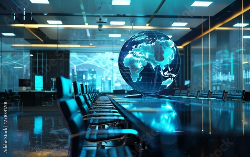 A conference room where executives strategize using a 3D holographic globe to analyze global markets