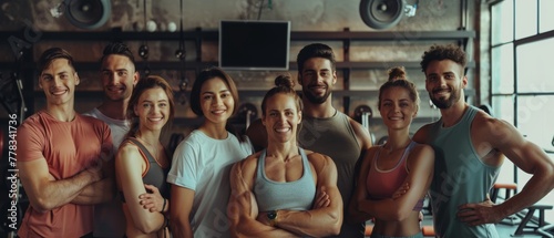 Several happy muscular women and men posing in a gym with an impressive speaker in the background after a challenging workout