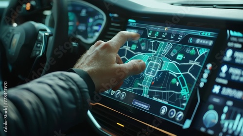 Vehicle concept - man using car panel button touch screen interface, GPS, DVD, vintage colors, using car system control.