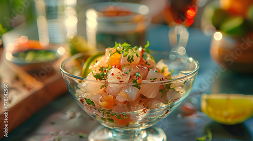 Shrimp Salad in Glass Bowl on Table photo
