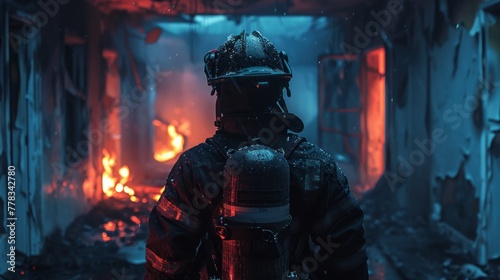 Firefighter staring at flames in a burned building