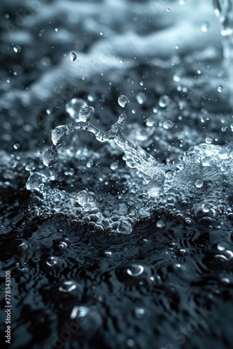 A detailed view of water bubbles forming and resting on a smooth black surface.