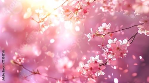 Pink cherry blossoms illuminated by sunlight with sparkling bokeh. Artistic background concept.