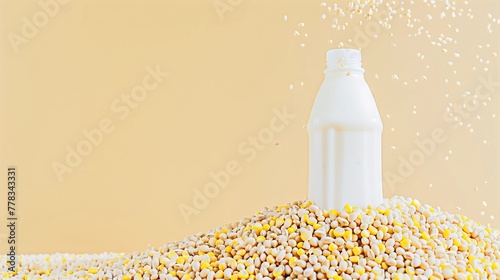 Soy milk bottle and soybean on isolated bright background