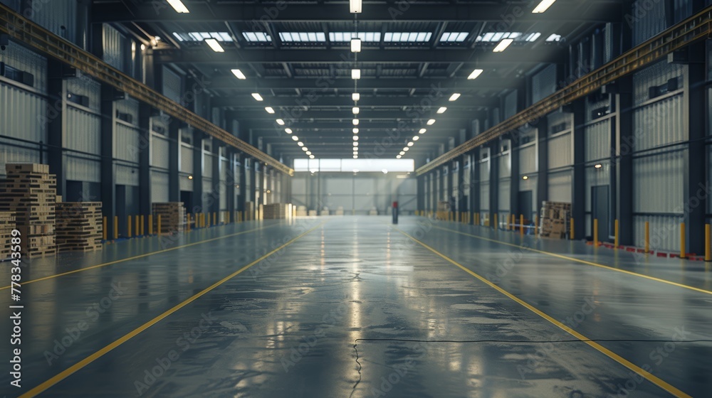 Empty industrial warehouse interior with glossy floor. Logistics and freight concept with copy space