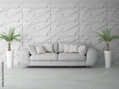 Nowoczesne szare wnętrze salonu z wygodną szarą sofą domowymi palmami i nowoczesnymi panelami ściennymi