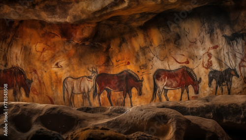Obraz na plátně Ancient cave mural portraying prehistoric wildlife