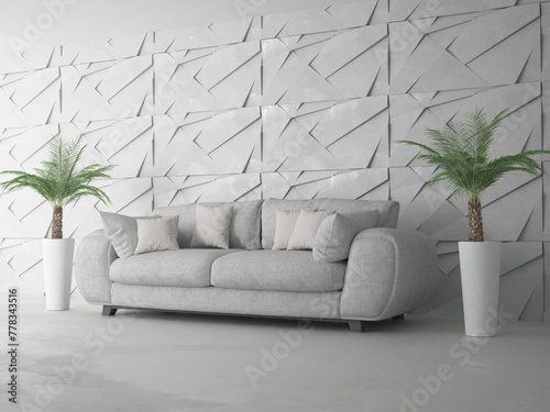 Nowoczesne jasne wnętrze salonu z wygodną nowoczesną sofą domowymi palmami i panelami ściennymi