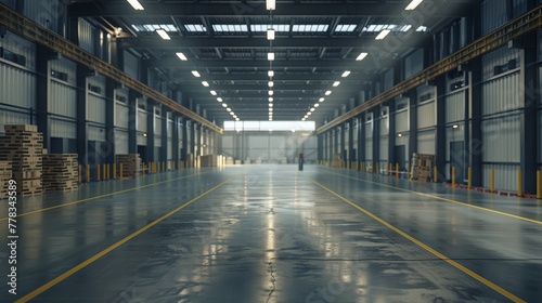 Empty industrial warehouse interior with glossy floor. Logistics and freight concept with copy space