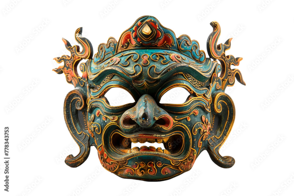 Ceremonial mask with intricate decorations, isolated on a transparent background