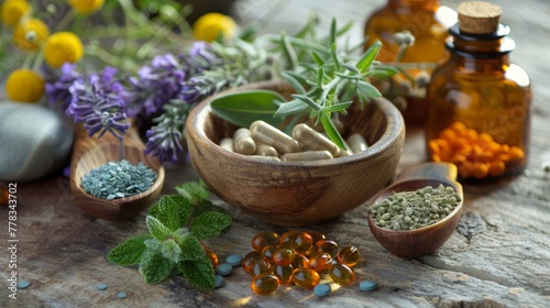Herbal supplements and natural medicine ingredients with flowers and bottles. Alternative healthcare and wellness concept