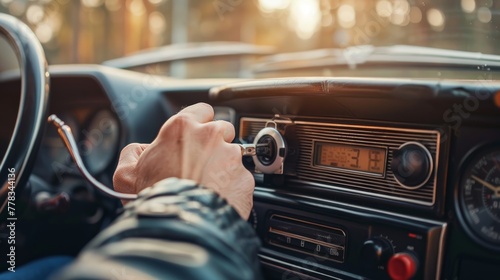 Tuning the radio in a car with a man's hand.