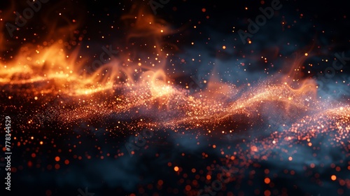 An abstract background with glowing burning embers glowing over a black background with sparks flying from a large fire in the nighttime sky.