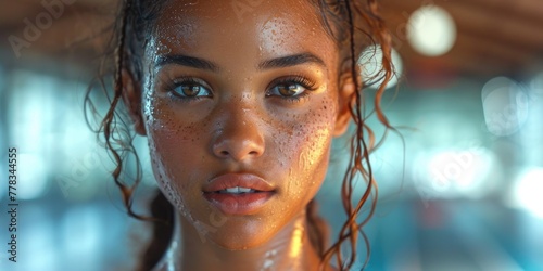This photo showcases a close-up view of an African American woman with wet hair. photo