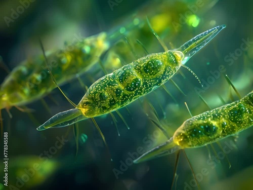 Close-up of a euglena colony, focusing on the greenish hue and flagella, through differential interference contrast microscopy