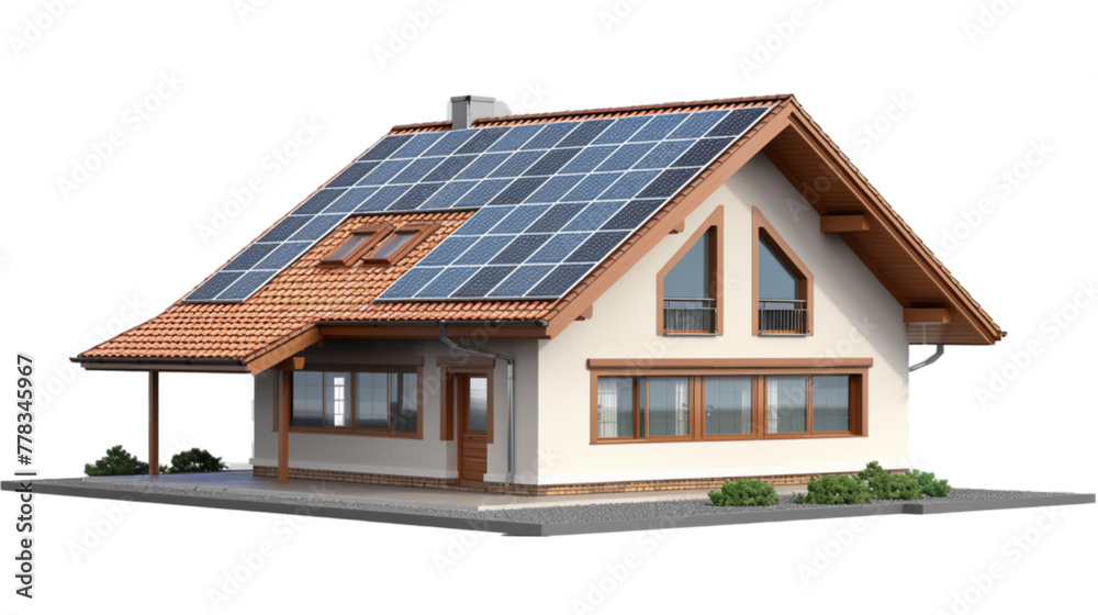 House model isolated on transparent background with solar panels mounted on the roof