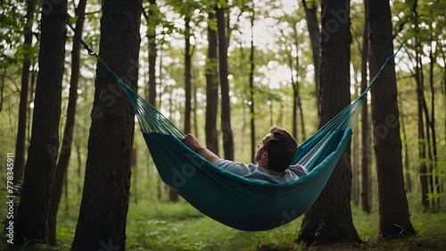 person relaxing in a hammock. a person sitting in a hammock in a forest.