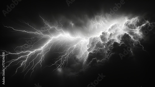 The lightning effect is realistic and isolated on a black background for use as a design element. Electricity. Natural light effect, bright glowing.