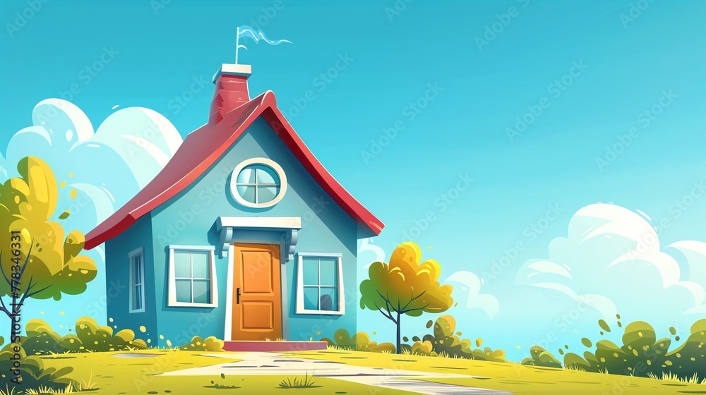 Fototapeta Smiling cartoon schoolhouse under a clear blue sky, a welcoming door open for all kids.