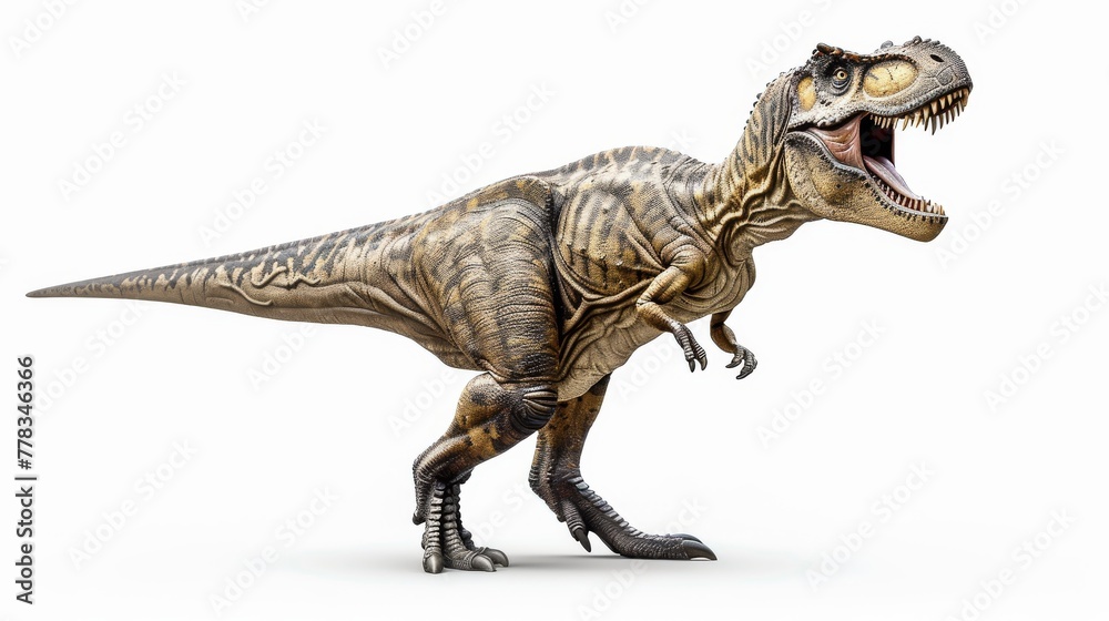 Fototapeta premium Tyrannosaurus rex, a large carnivorous dinosaur walking in the middle of the road with its mouth wide open, showing off its large sharp teeth and powerful jaws