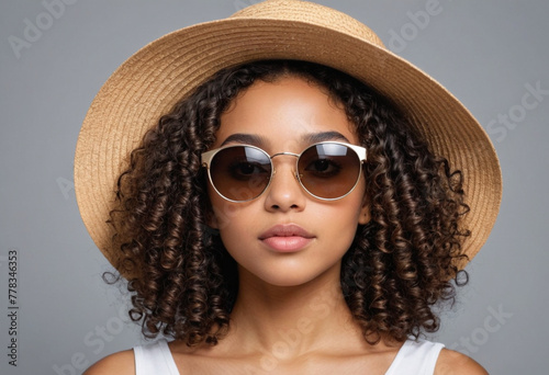 portrait of black American biracial girl with curly hair wearing a summer sun hat wearing stylish sun glasses posing on a perspective angle on a grey background