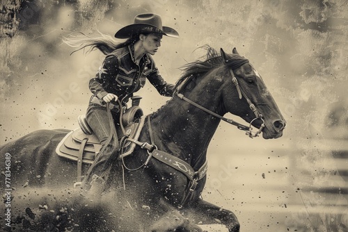 A female barrel racer in a rodeo setting accompanied by horses. Generative Ai