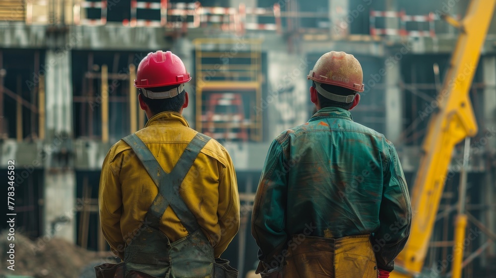 Two construction workers observing a construction site. They are wearing safety helmets and overalls: one in yellow with reflective tapes, the other in green Two construction workers observing a construction site. They are wearing safety helmets and overalls: one in yellow with reflective tapes, the other in green