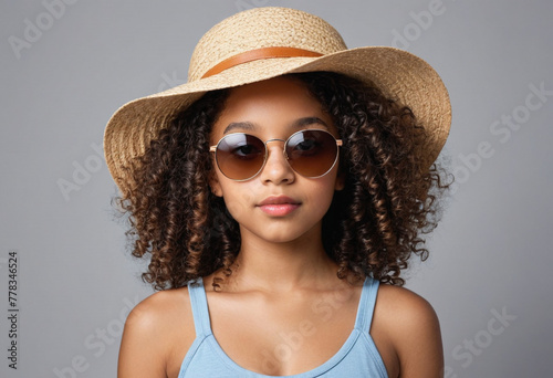 portrait of black American biracial girl with curly hair wearing a summer sun hat wearing stylish sun glasses posing on a perspective angle on a grey background