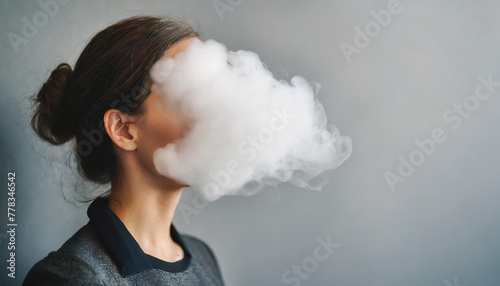 woman's face obscured by a dense fog, symbolizing headache and clouded thoughts