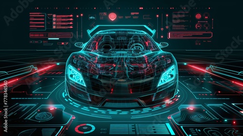 hologram car style in HUD, GUI, UI. Hardware diagnostics. Futuristic car service, scanning and auto data analysis. Modern design, diagnostic auto. Digital graphics.