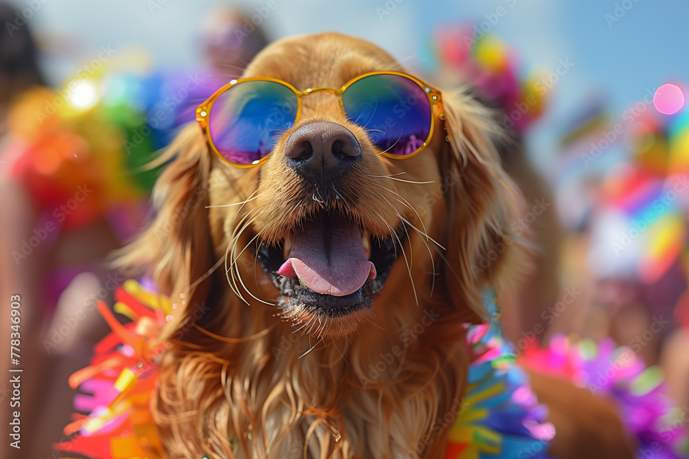Happy Golden Retriever Dog Celebrating at LGBT Pride Parade Celebration with Rainbow Flags