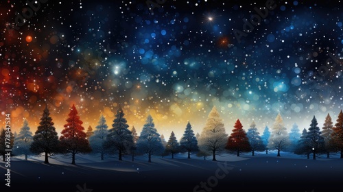 Cosmic Winter Night, Vibrant cosmic skies over silhouetted pine trees on a peaceful winter night, merging nature with the universe