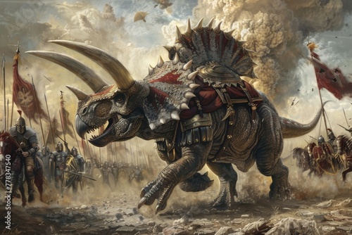 An armored Triceratops charging through a Roman legion  its horns glistening with the emblems of ancient warfare