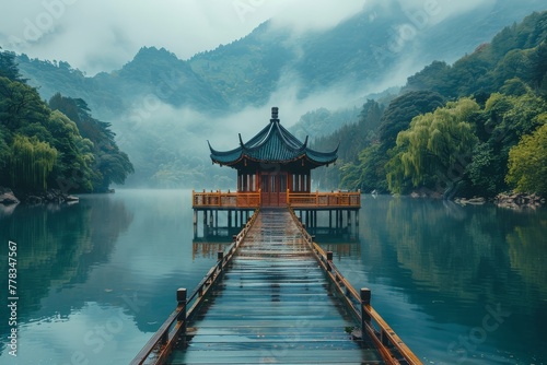 Lake's picturesque and peaceful landscape in China. © Nattadesh