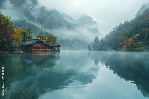 Lake's picturesque and peaceful landscape in China. © Nattadesh