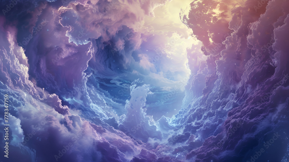 The magic of the sky and the pastel clouds Fantasy space scene with nebula and stars. 3d rendering Sunset in the clouds Enchanting starry night background.  - obrazy, fototapety, plakaty 