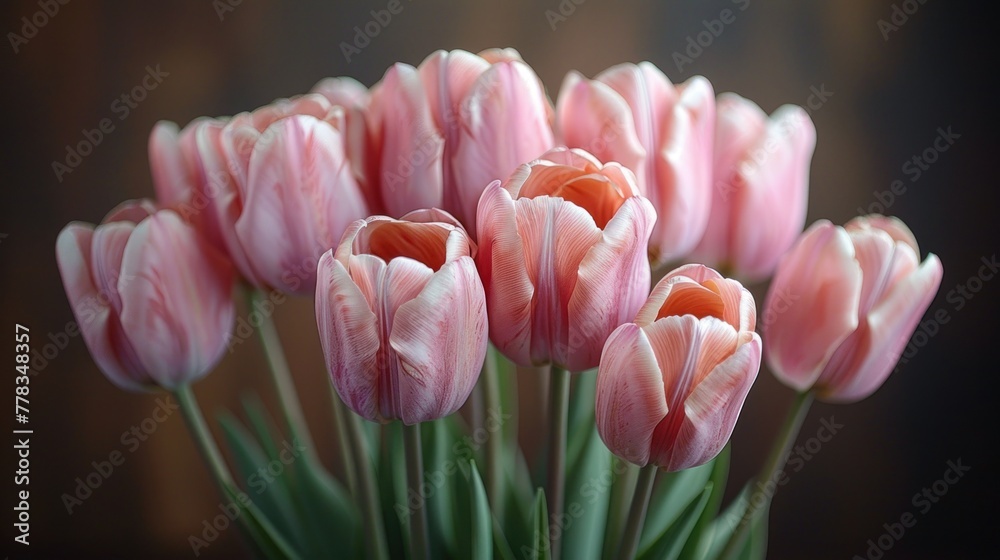 Bouquet of light pink tulips on a plain background with soft light