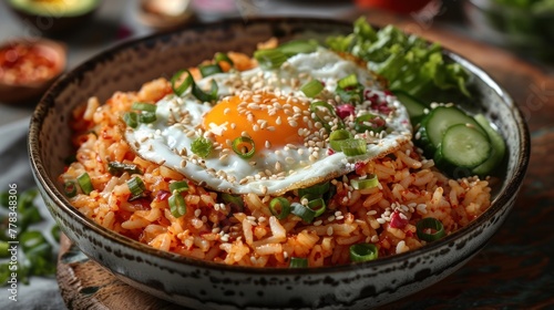 Fried rice with fried egg on top and fresh kimchi cabbage in a bowl, Korean food