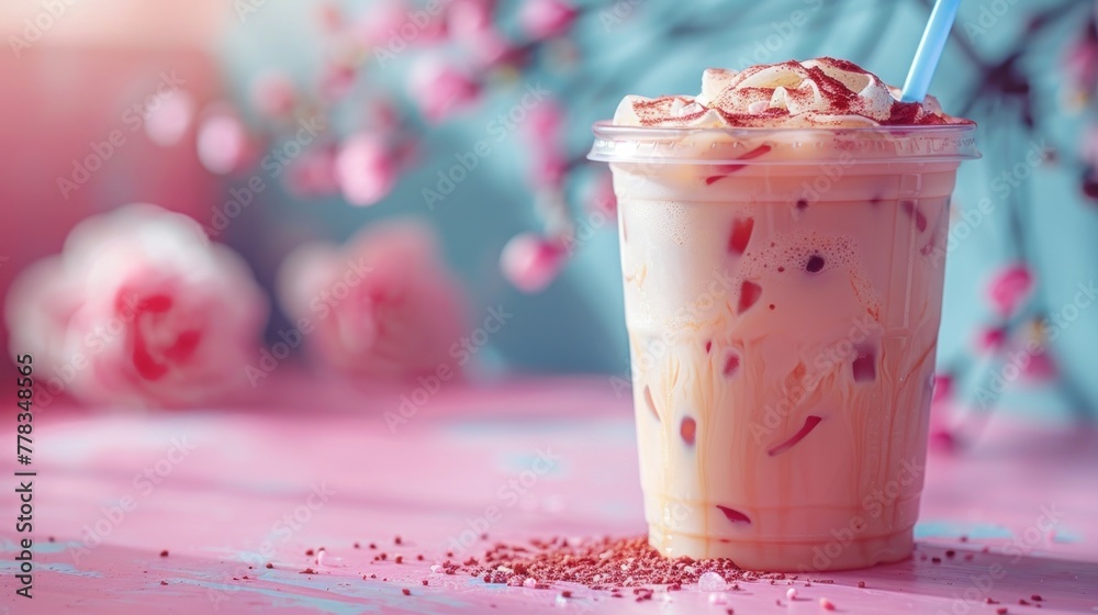 cup of iced coffee latte with pastel on pastel pink table with pastel blue background cup of iced coffee latte with pastel on pastel pink table with pastel blue background