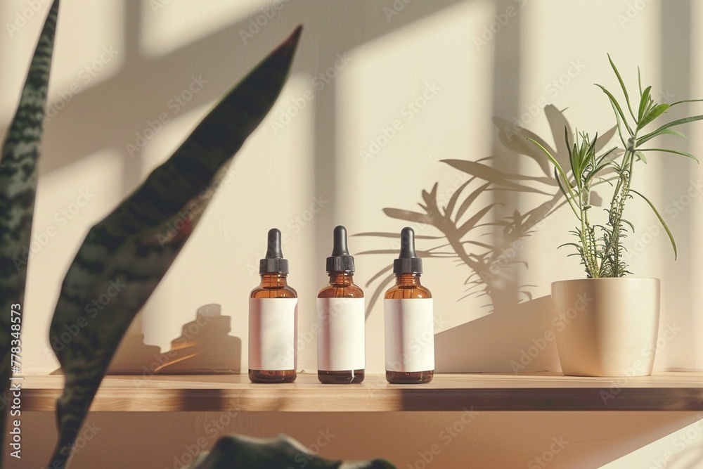 Three serum bottles in middle with plant on shelf. Three serum bottles in middle with plant on shelf.