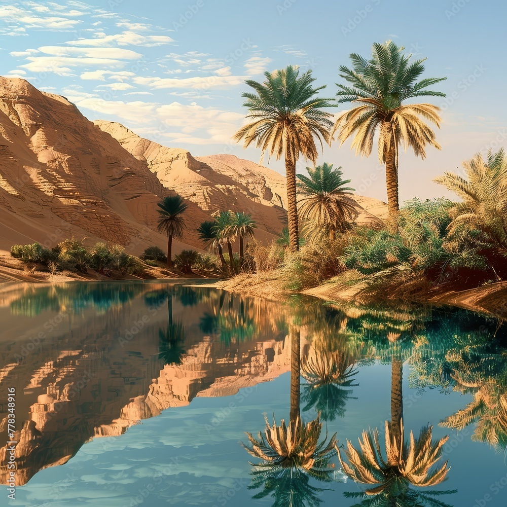 Desert mirage oasis, waters illusion, travelers hope
