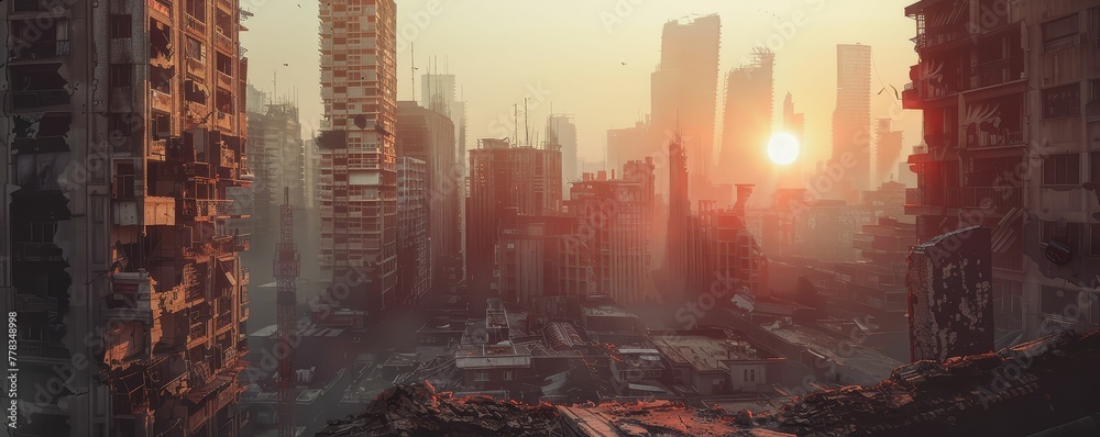 Dystopian cityscape, survival among the ruins