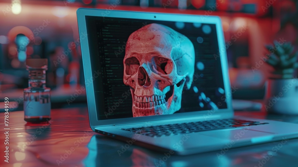 Cyber Security Threat Concept, chilling skull on a computer screen in a dark, moody setting, symbolizing cyber security threats and digital dangers Cyber Security Threat Concept, chilling skull on a computer screen in a dark, moody setting, symbolizing cyber security threats and digital dangers