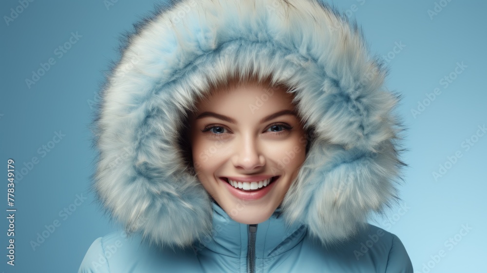 Winter Joy in Frosty Blue, cheerful young woman in a frosty blue parka with a fur-lined hood, her smile radiating the warmth and joy of winter Winter Joy in Frosty Blue, cheerful young woman in a frosty blue parka with a fur-lined hood, her smile radiating the warmth and joy of winter