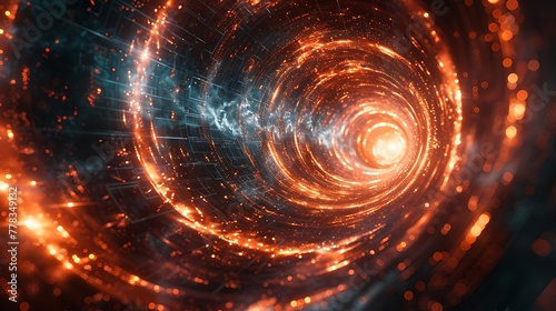 A conceptual image capturing the moment of transition through a space-time warp, shown as a seamless blend of reality and abstract digital elements.