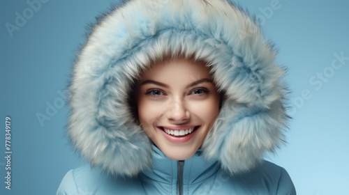 Winter Joy in Frosty Blue, cheerful young woman in a frosty blue parka with a fur-lined hood, her smile radiating the warmth and joy of winter photo